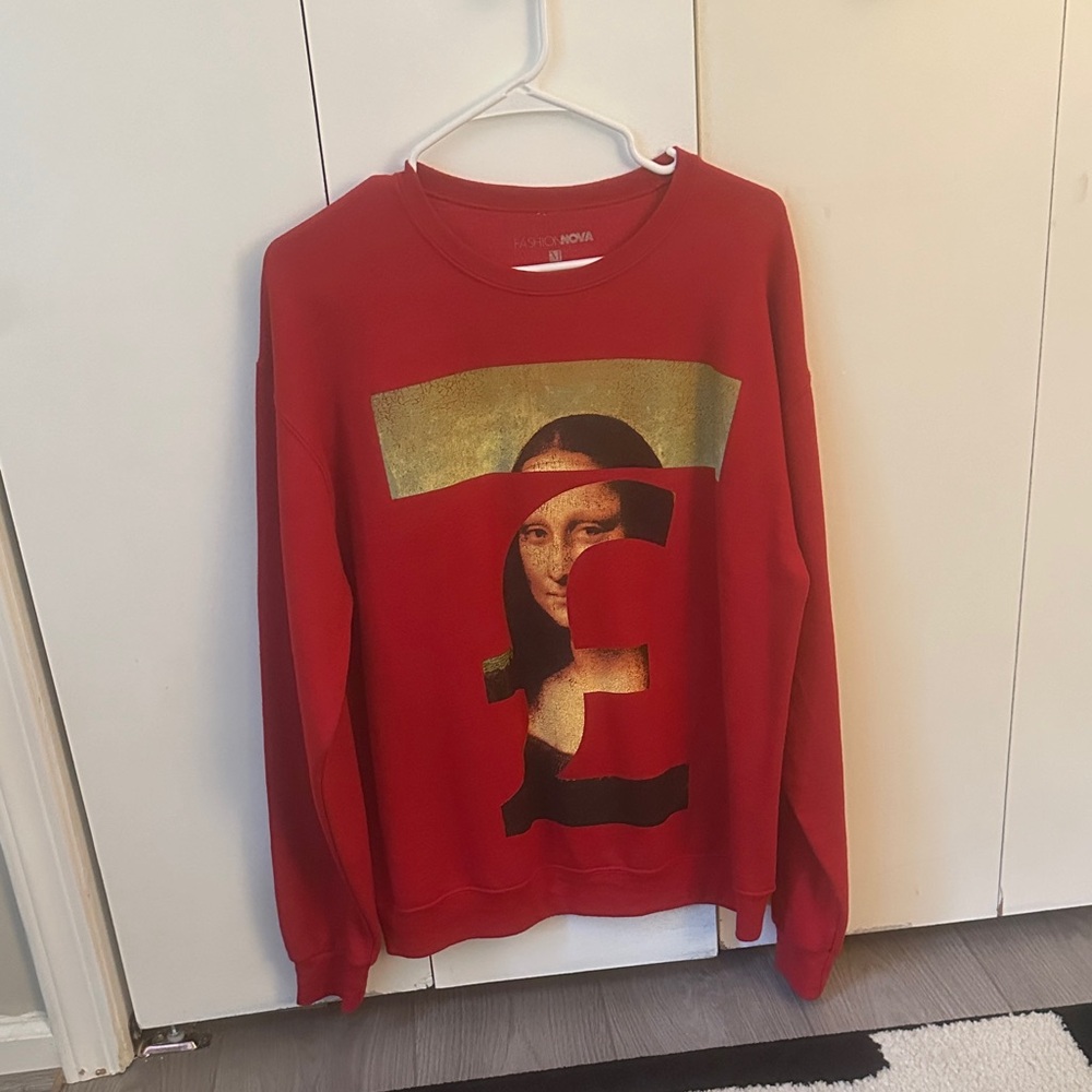 Fashion Nova Red Crewneck with Gold Mona Lisa Graphic